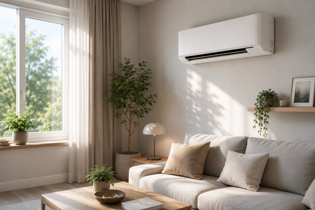 Nowoczesny klimatyzator ścienny zamontowany w salonie o powierzchni około 20 m². Zdjęcie przedstawia klimatyzację do domu lub mieszkania.